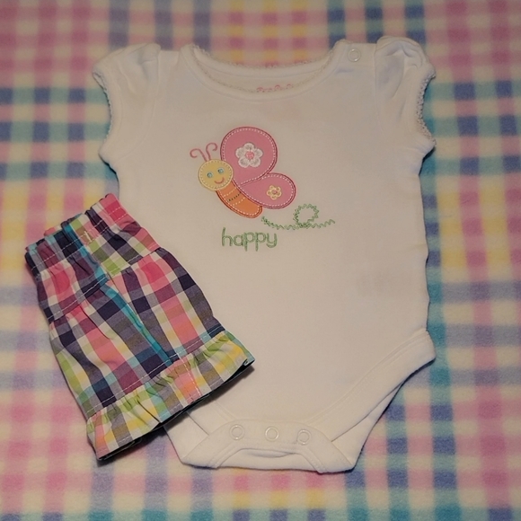 GARANIMALS 🌺 2pc Embroidered Bee "HAPPY" Onesie|Multi Color Plaid Mini Skirt NB - Picture 3 of 11
